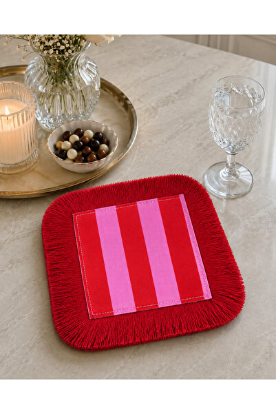 Karam Home Kırmızı Pembe Çizgili Püsküllü Kahve Sunum Peçetesi 15x15 cm