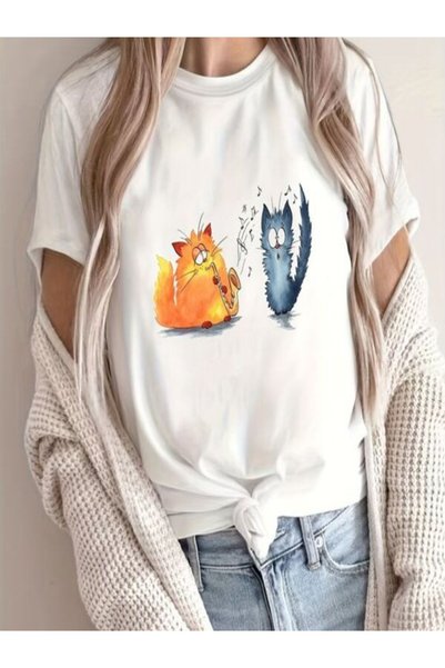 vorena Cute Cat Printed White T-Shirt