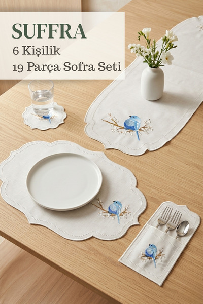 SUFFRA 6 Kişilik Mavi Kuş Desenli Nakışlı 19 Parça Sofra Seti