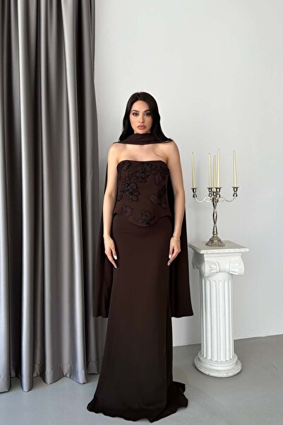 Serica Moda Brown Strapless Floral Motif Long Evening Dress with Shawl Detail