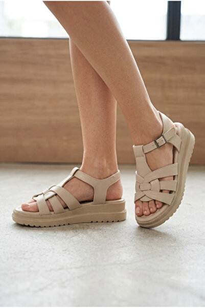 ShoeTek Estafra Women's Sandals with Ankle Strap and Cross Straps in Beige Le...