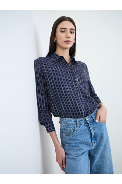 Styli Navy Blue Striped Long Sleeves Shirt