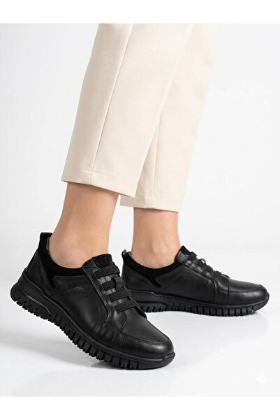 Lütfi Women's Black Genuine Leather Orthopedic Sole Casual Shoes