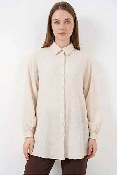 Generic Brand Women's Shirt Collar Textured Oversize Viscose Cream Tunic