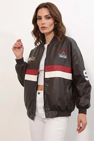 ALFA AKSESUAR 03 Women's Bomber Collar Printed Striped Brown Jacket