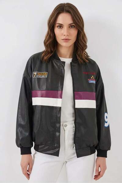 ALFA AKSESUAR 03 Women's Bomber Collar Printed Black Purple Jacket