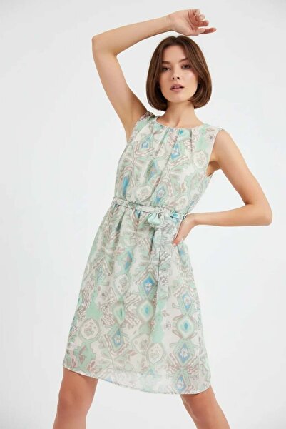 Generic Brand Women's Zero Sleeve Gathered Waist Patterned Chiffon Mint Dress