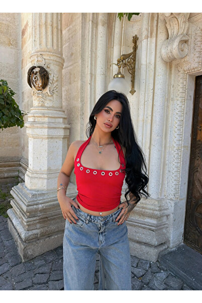 kırmızı butiks Red Square Collar Dropped Crop Top