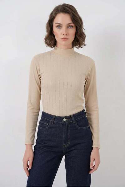 ALFA AKSESUAR 03 Women's Turtleneck Stone Detailed Vertical Striped Biscuit Body