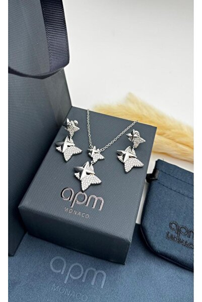 Generic Sparkling Diamond Star Set with Silver Earrings and Necklace