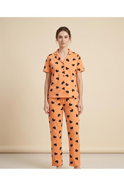 sleeproom Summer Buttoned Short Sleeve Orange Big Heart Pajama Set