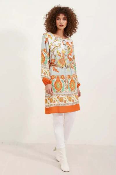Generic Brand Women's V-Neck Belted Floral Patterned Viscose Orange Dress