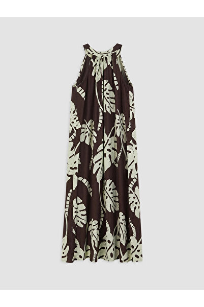 LC Waikiki Kahverengi Halter Yaka Desenli Pileli Elbise
