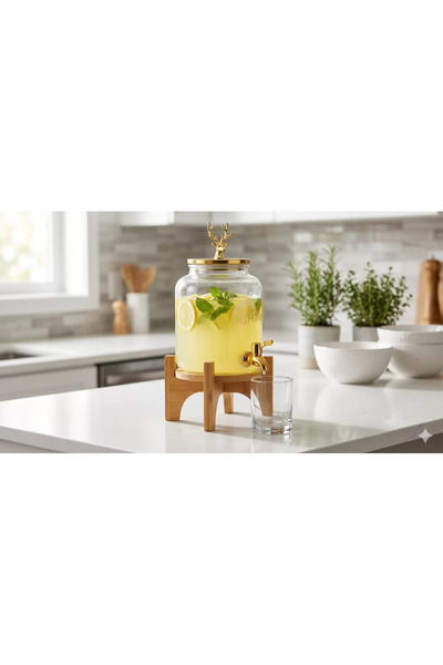 Genel Markalar Geyik Figürlü Gold Lüks Cam İçecek Sebili - 3.6 Litre Bambu St...