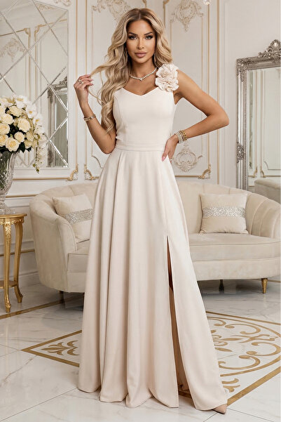 Numoco Rochie maxi elegantă de seară cu șlit și trandafiri - bej Casual Marim...