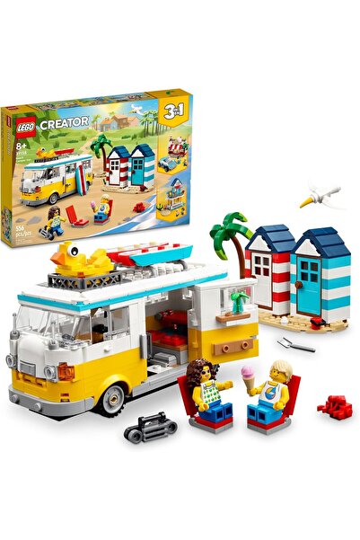 LEGO طقم بناء سيارة التخييم الشاطئية 3 في 1 من كرياتور، يتحول إلى محل آيس كري...