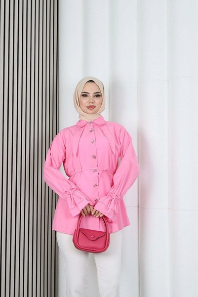 HNT Hayrunnisa Tesettür Butterfly Stone Button Detailed Lace-Up Tunic Pink Hnt2126