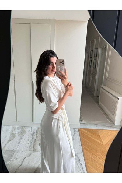 Bade Butik Ekru Bağlamalı Palazzo Modal Takım