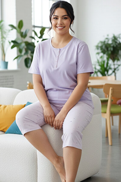 Siyah İnci Set de pijamale Capri tricotate din bumbac cu model, mărime mare, ...