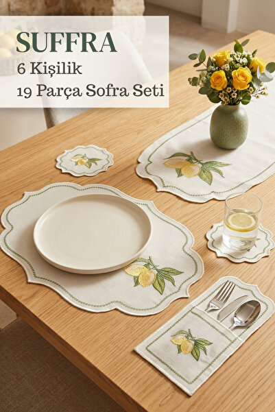 SUFFRA 6 Kişilik Limon Desenli Nakışlı 19 Parça Sofra Seti