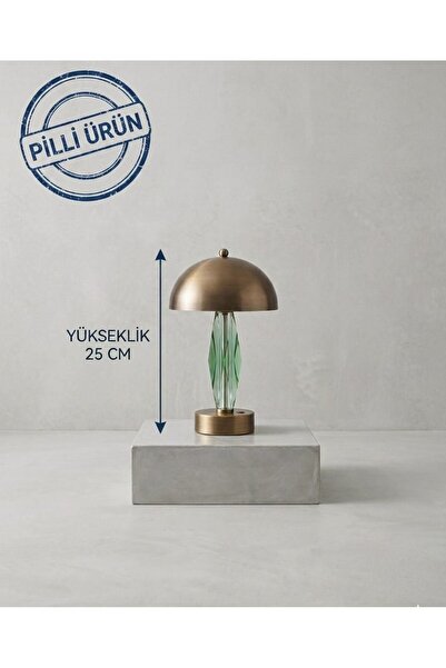 poplinhome Pilli Kablosuz Yeşil Kristal Abajur - Mantar Tasarım Taşınabilir M...
