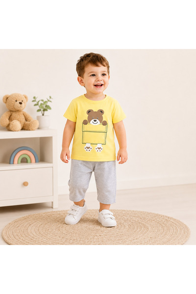 TucanKids Erkek Çocuk Yazlık Ayıcık Baskılı Tişört ve Şort Takımı %100 Pamuk ...