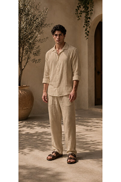 Shine Stone Men's White Wrinkled Fabric Linen Shirt and Trousers Set