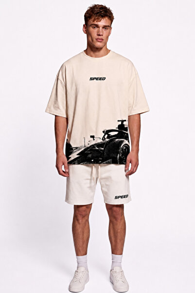 EFFRENATU Men's T-Shirt Shorts Set Cream Vintage Car Print Speed Oversized