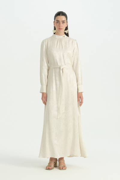 Nihan Jacquard Dress with Gathered Collar Detail and Brooch - Beige