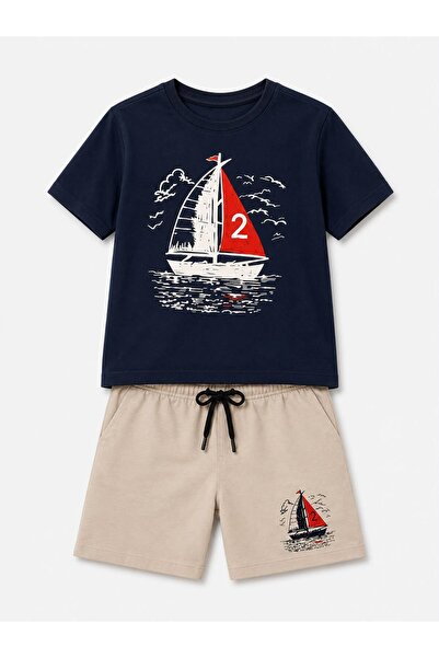 YİGİT BUTİK Set de pantaloni scurți cu imprimeu Sailing pentru băieți, cu mân...