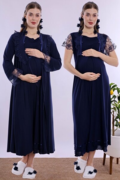 ByLohusa Soft Textured Maternity Nightgown Set Effortt - Navy Blue