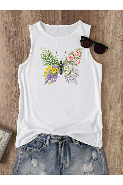 SUNFREE Flower Winged Butterfly Printed Regular Sleeveless Athlete Crew Neck ...
