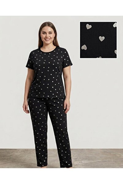 FAMES PİJAMA Summer Short Sleeve Black Plus Size Pajama Set