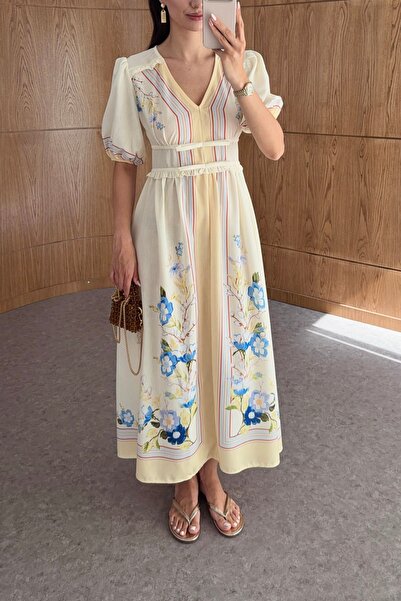 BRTC design Women's Yellow V-Neck Balloon Sleeve Elegant Floral Motif Dress