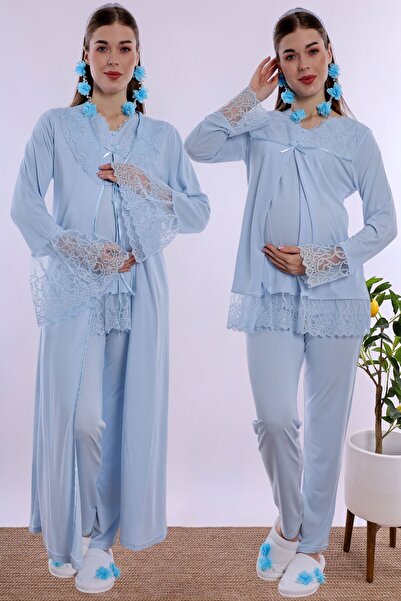 ByLohusa Maternity Pajama Set with Hidden Nursing Feature and Cotton Robe Eff...