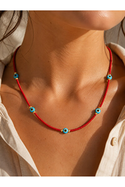 ACAR TAKI Red Beaded Evil Eye Necklace 41+4cm Acr9868