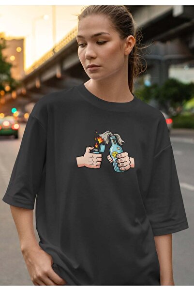 buzagi tasarım ürünleri Chaos Fun Unisex Oversize Black T-Shirt