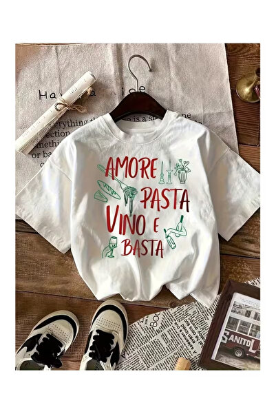 Massgai Tricou unisex Amore Pasta Vino E Basta imprimat, supradimensionat, 10...
