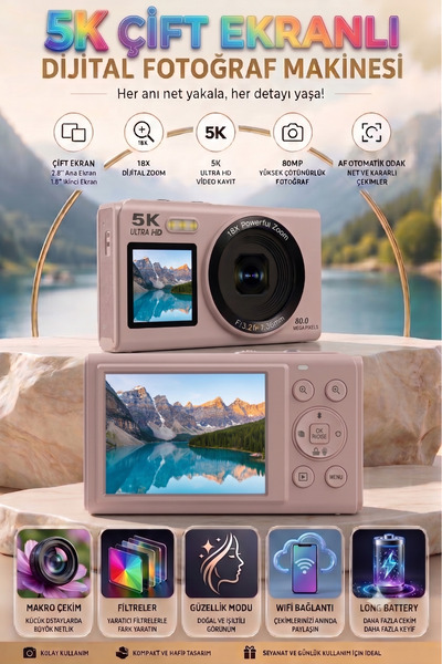 KAZEMTECH 5K Dijital Retro Video Kamera Çift Ekran 80MP / 18X Zoom / SD Kart ...