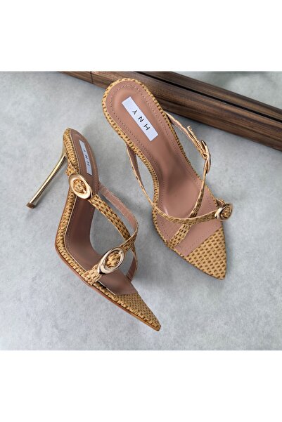 hny shoes Kadın Hasır Detaylı İnce Topuklu Terlik