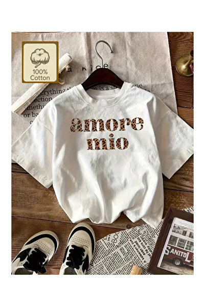 Massgai Tricou unisex Amore Mio imprimat, supradimensionat, 100% bumbac