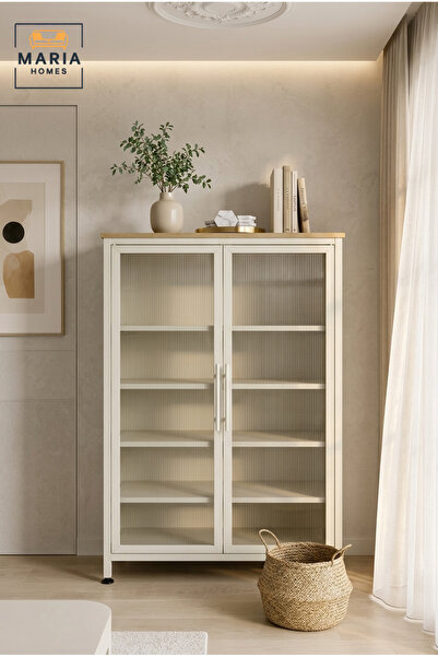 MARIA HOMES Modern Metal Display Cabinet with Ribbed Glass Doors – Freestandi...