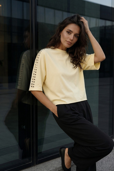 royal prime Women's Short Sleeve Blouse with Staple Detail on the Shoulder