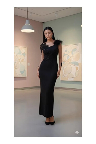 FULLJOY Women's long black evening dress made of high-quality fabric with she...