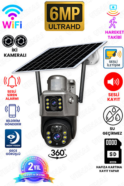 ONQAM WİFİ 3 Kameralı Solar Panelli İkaz Lambalı Gece Görüşlü Güvenlik Kamerası