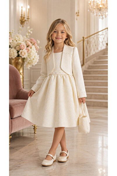 Pamina Girl's Evening Dress Floral Jacquard Dress and Bolero with Bag Three-P...