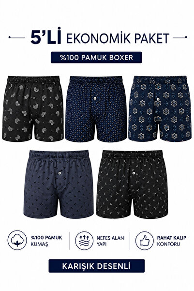 İlke Men's 100% Cotton Mixed Patterned 5-Piece Boxer Set, Comfortable Fit, Da...