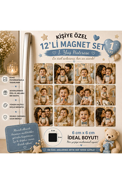 Liya Gift Collection 12'li Kare Fotoğraf Magneti 1 Yaş Doğum Gününe Kişiselle...
