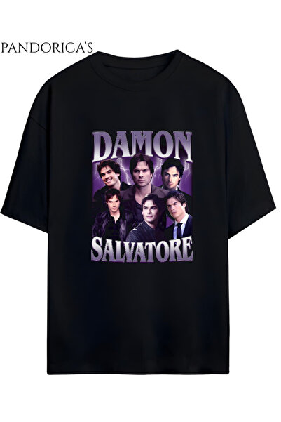 The Vampire Diaries "DAMON SALVATORE" Tasarımı Retro Kolaj Baskılı Yazılı Unisex Pamuklu T-shirt