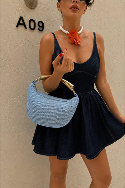 Adox Çanta Ri̇ley Wicker Baby Blue Women's Hand and Shoulder Bag